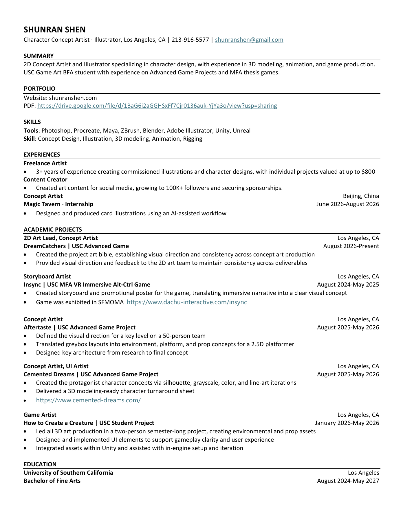 Shunran Shen's resume: character concept artist and illustrator; summary, skills, experience, academic projects and education. Open or download the PDF for the document.